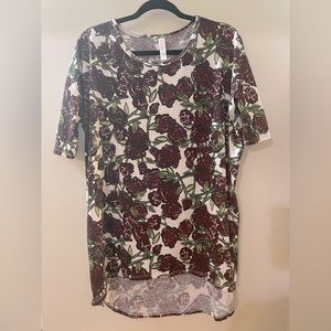 EUC -LulaRoe Irma Tunic Top Size Small Pretty maroon floral on white background